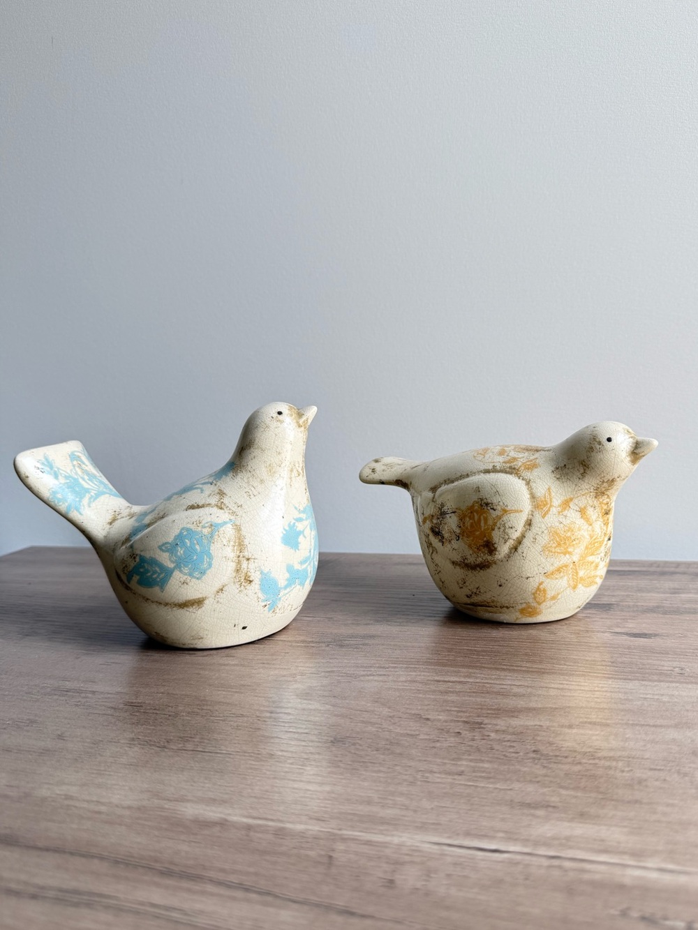 Set of Two Ceramic Bird Figurines in Blue & Yellow Floral